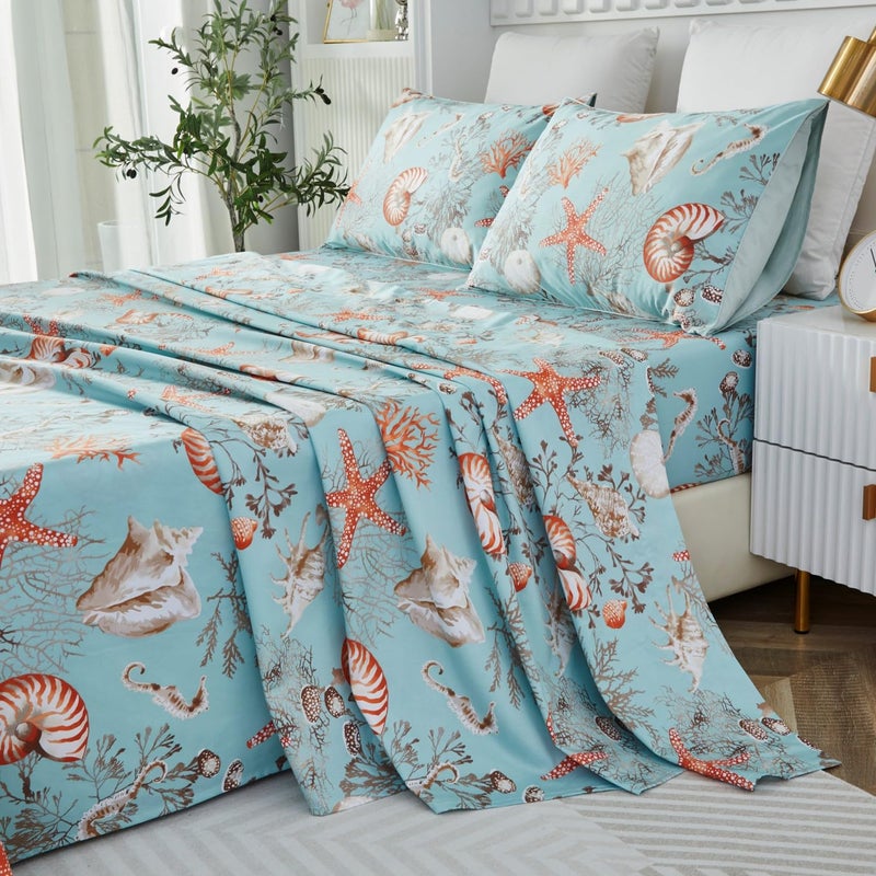 Brandream Luxury Nautical Bedding Queen Size Sheets Set Egyptian Cotton Coastal Beach Bed Sheet Set Deep Pockets 18 Inch 4-Piece Bed Sheets - Image 3